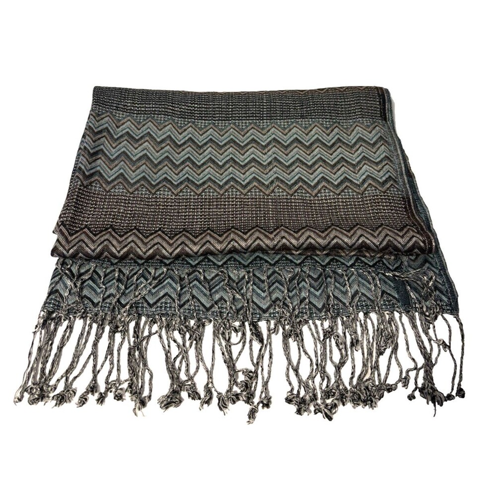 Stylish Scarf/Shaw Women's Blue Brown Chevron Blend Fringe Large 76 x 28